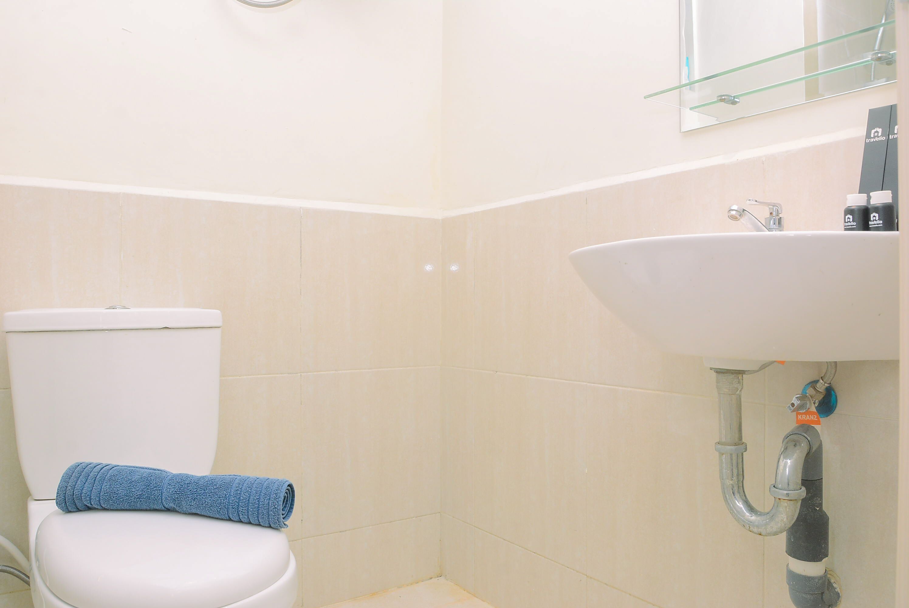 A bathroom with a toilet, a sink, and a glass shelf above the sink.