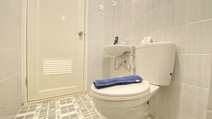 Un baño con inodoro, lavamanos y ducha.