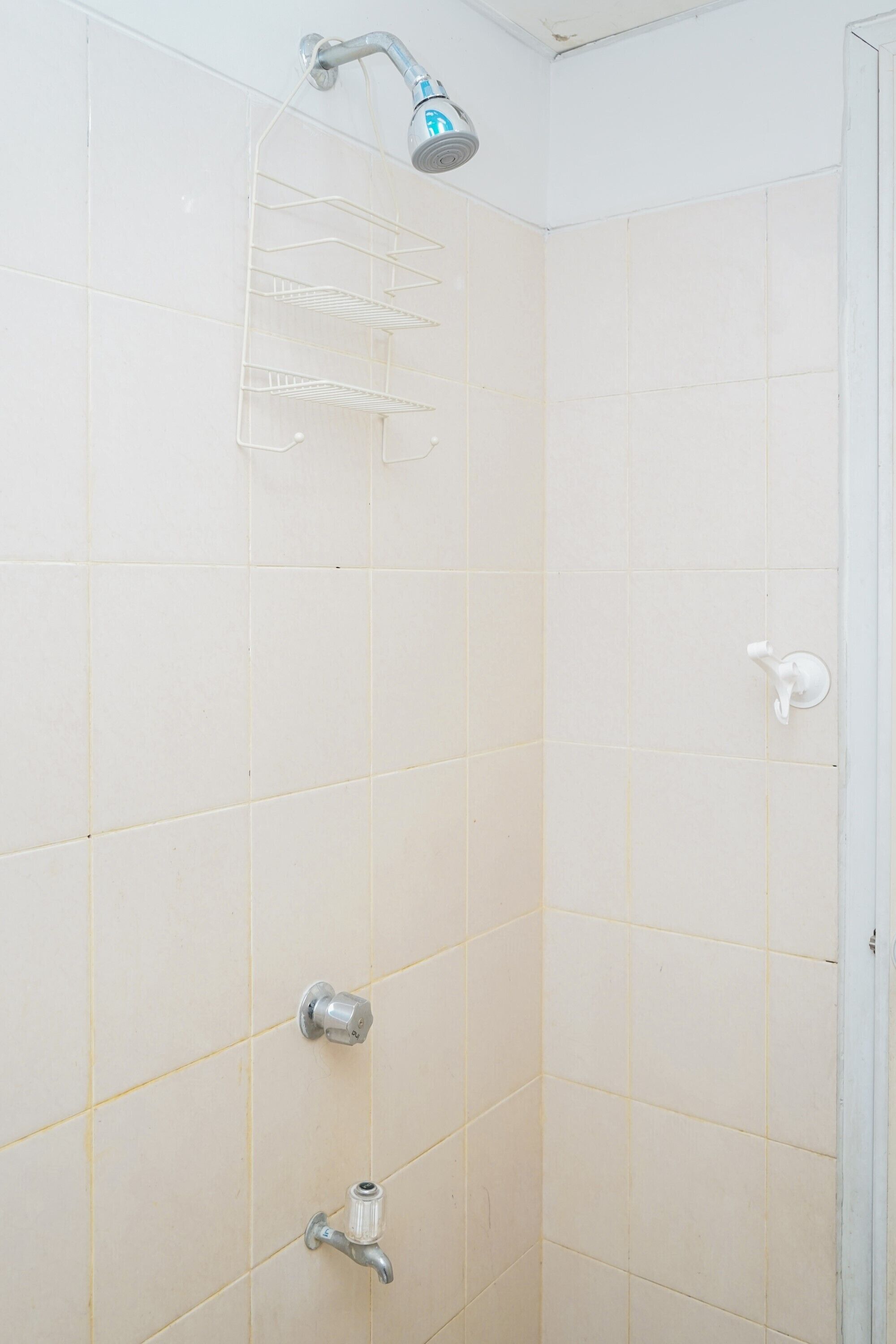 A shower with a handheld showerhead and a wall-mounted faucet.