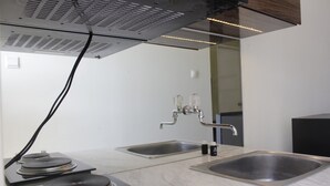 A modern kitchen with two stainless steel sinks, a built-in stove, and a ventilation hood.