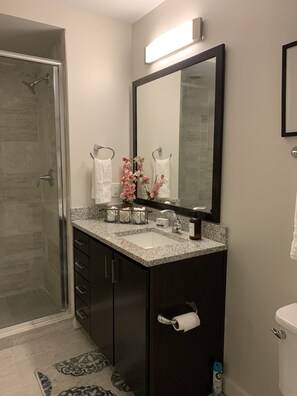 Regadera, toallas, jabón, shampoo 