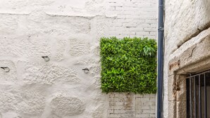 Ein kleiner, abgegrenzter Außenbereich mit einer weißen Backsteinwand, einem vertikalen Grünstreifen, einem gewebten Stuhl, einer Holzbank und einem Steinblock.