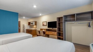 Habitación de hotel con dos camas, un escritorio, televisión, armario y baño.