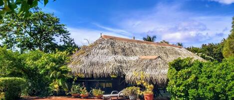 A thatched-roof building with a swimming pool in front.