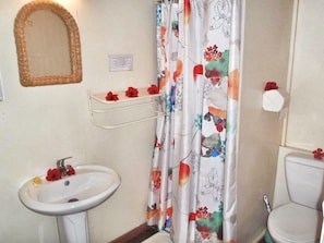 A bathroom with a white sink, a mirror, a toilet, and a shower curtain with floral patterns.