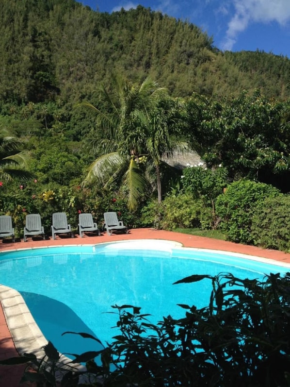 A swimming pool with lounge chairs, surrounded by lush greenery and a mountainous backdrop.
