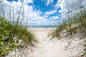 A beach path leading to the ocean with sand and grass. - Bev's Beachfront Bungalow (Atlantic Beach)