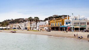 Un pueblo costero con edificios a lo largo de la playa, una orilla arenosa y palmeras.