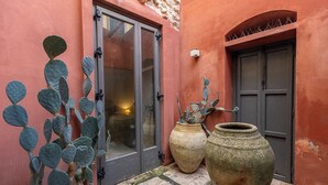 Une cour avec un cactus, un grand pot et une porte dotée d’un panneau de verre.