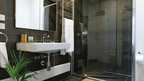Shower, hair dryer, towels, shampoo