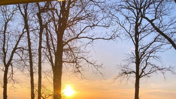 A sunset view with a wooden bench and trees. - 2 Docks 2 Shores- Ramp, Water Toys, Game Room! (Garrison)