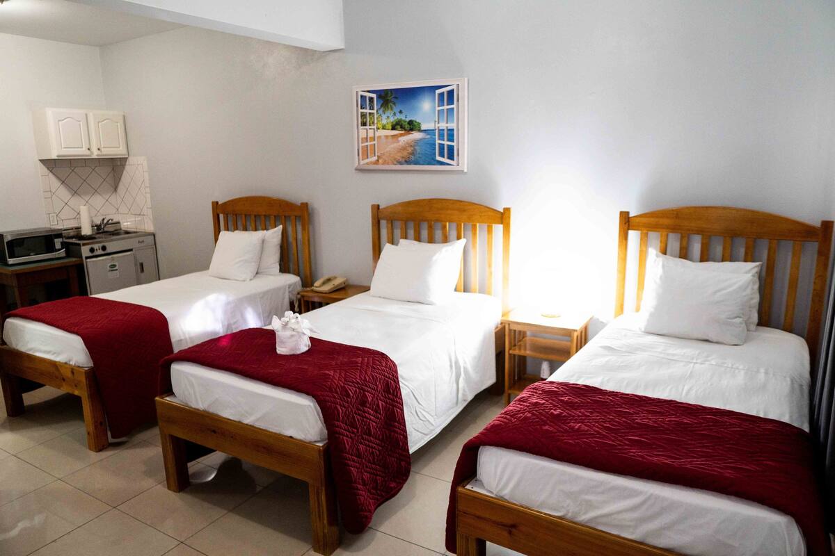 A room with three wooden beds, each with white bedding and red blankets. There is a small kitchenette with a microwave and a stove. A painting of a beach scene hangs on the wall.