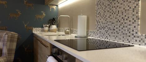 A modern kitchen with a black countertop, a sink, and a stove. There are cabinets and a towel rack.