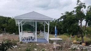 A gazebo with a blue umbrella, surrounded by a garden with pink flowers and a stone pathway. - Delancy's Cottage (north caicos)