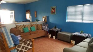 A living room with a brown sofa, a grey sofa, and a wooden chair. There is a small table with a plant and a picture frame. The room has blue walls and a window with blinds. - Delancy's Cottage (north caicos)