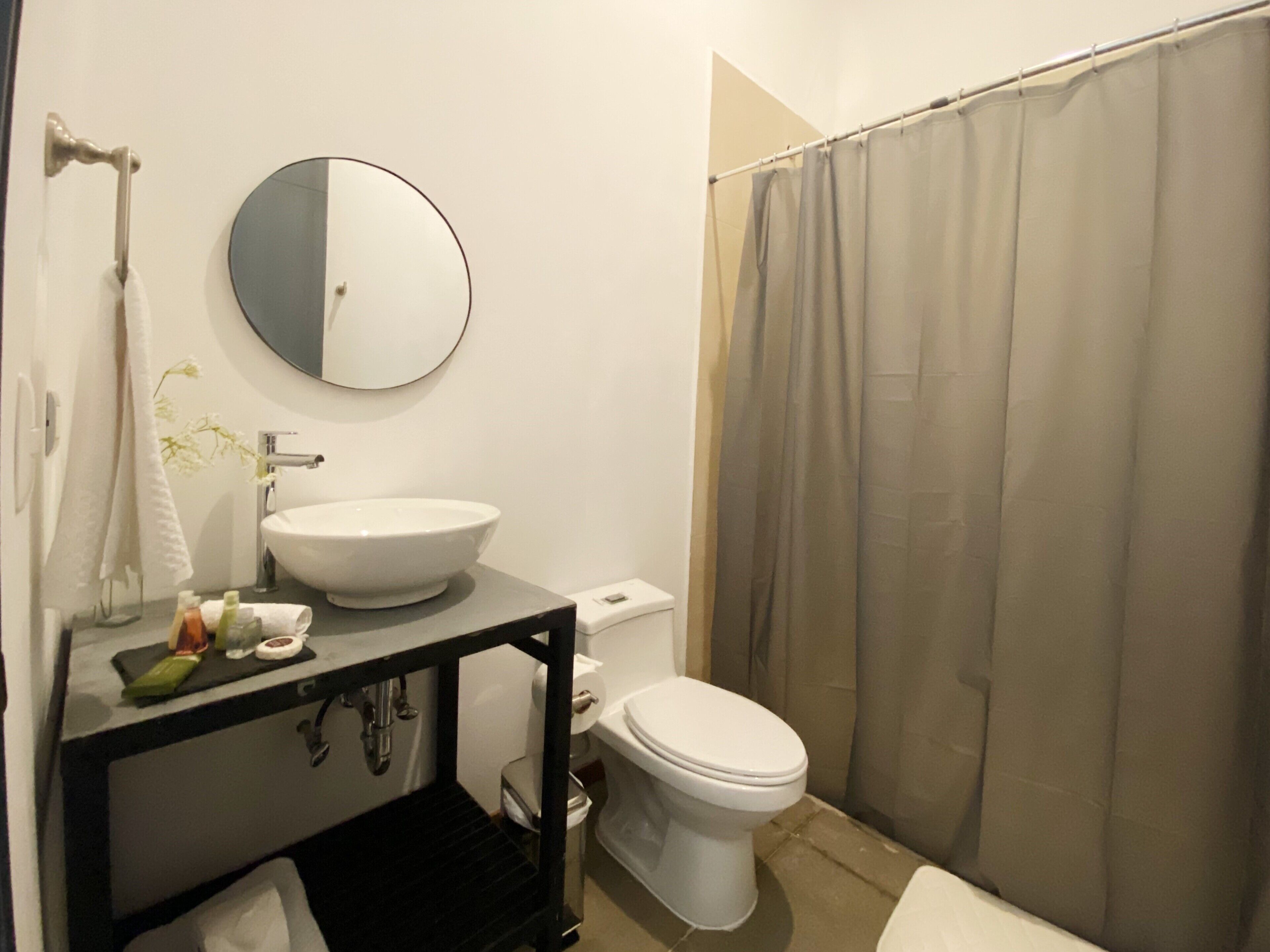 A bathroom with a sink, mirror, toilet, and shower curtain.