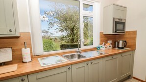 A kitchen with a window view, a sink, a kettle, and a microwave. - Rose Bank (Belford)