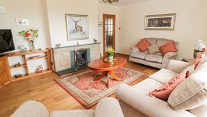 A living room with a fireplace, sofa, television, and decorative items. - Rose Bank (Belford)