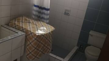 Combined shower/bathtub, soap, toilet paper