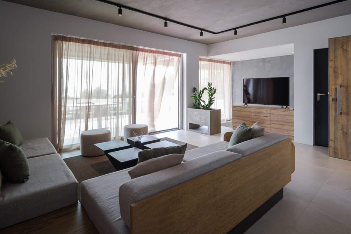 Un salon moderne avec un grand canapé, une table basse et un téléviseur. De grandes fenêtres sont ornées de rideaux légers et une plante est posée sur le rebord de la fenêtre.