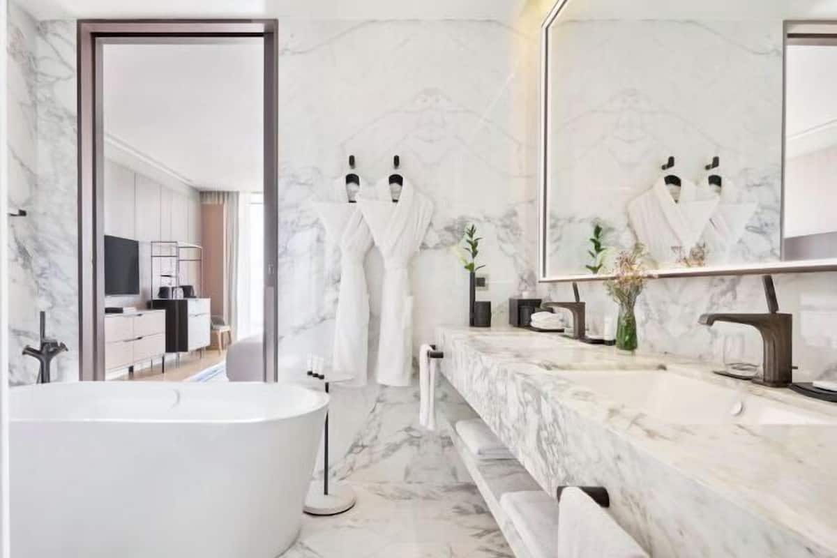 Bathtub, bathrobes, slippers, bidet