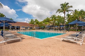 Relax by the clear blue pool surrounded by palm trees and lounge chairs.