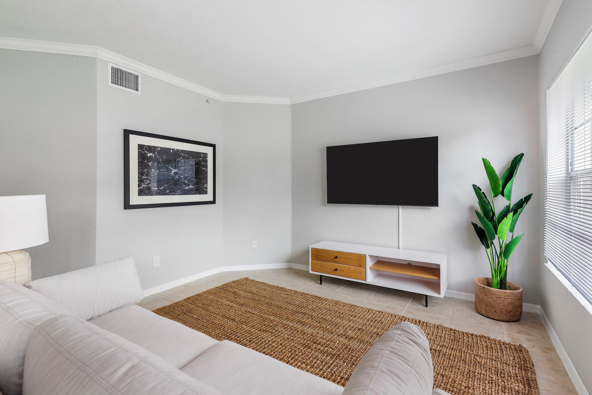 A modern living room with a white sofa, a flat-screen TV, a framed picture, and a potted plant.