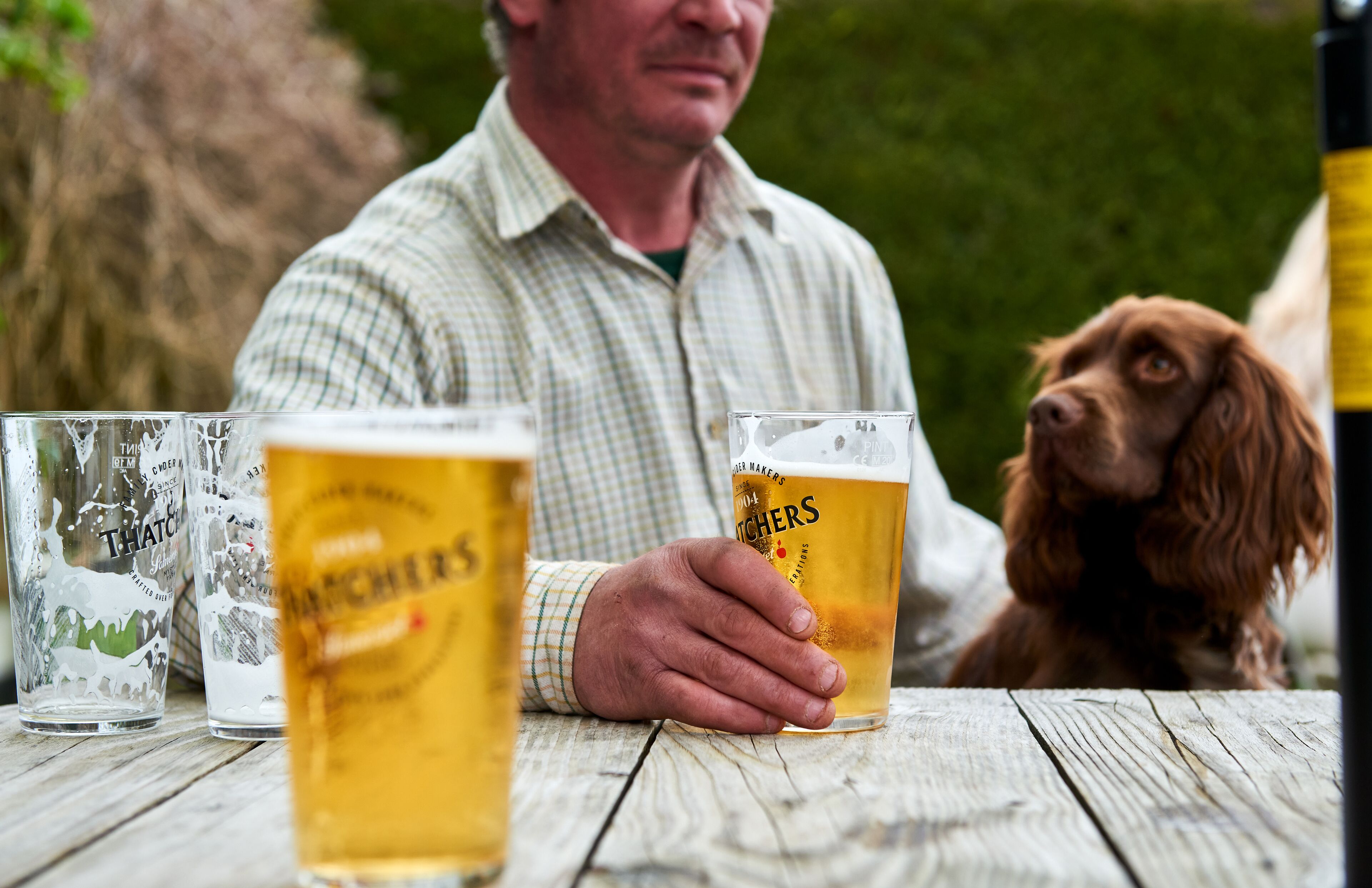 Ein Mann hält ein Bierglas, neben ihm sitzt ein Hund.