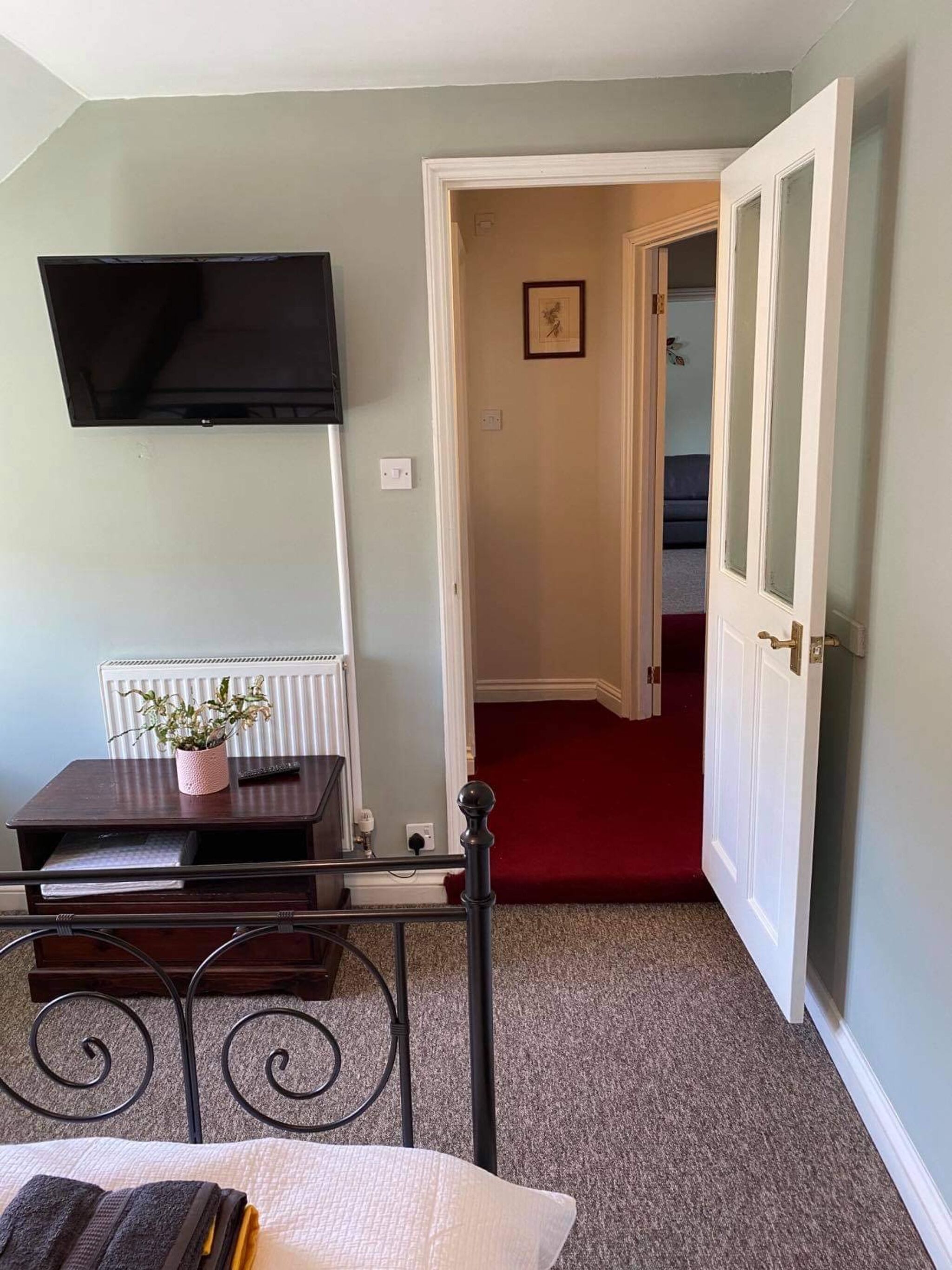 Een kamer met een aan de muur bevestigde televisie, een klein tafeltje met een plant, een radiator, een deur naar een andere kamer en een vloerbedekking.