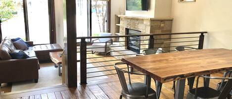 Smart TV, fireplace, video games, DVD player