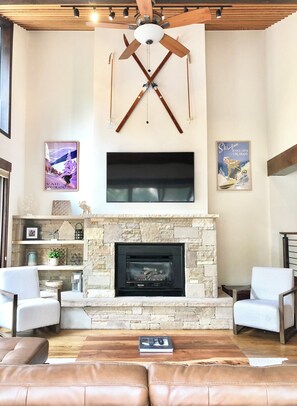 Smart TV, fireplace, video games, DVD player