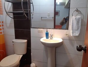 Chuveiro, bidê, toalhas de banho, sabonete