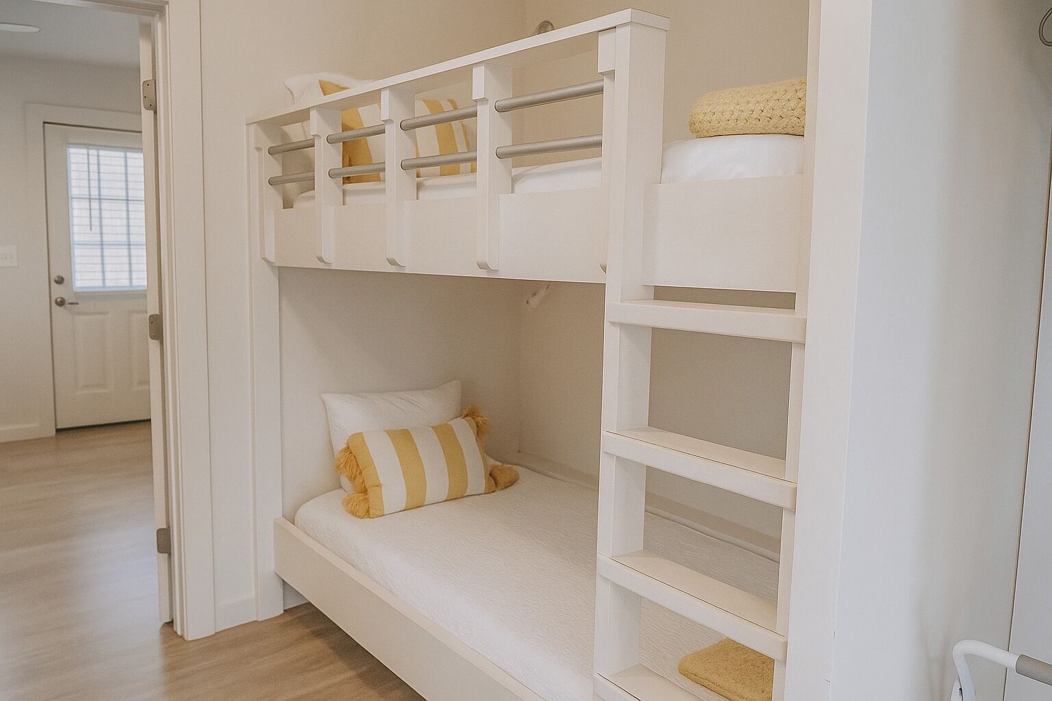 A bunk bed with a white headboard and a single bed below.