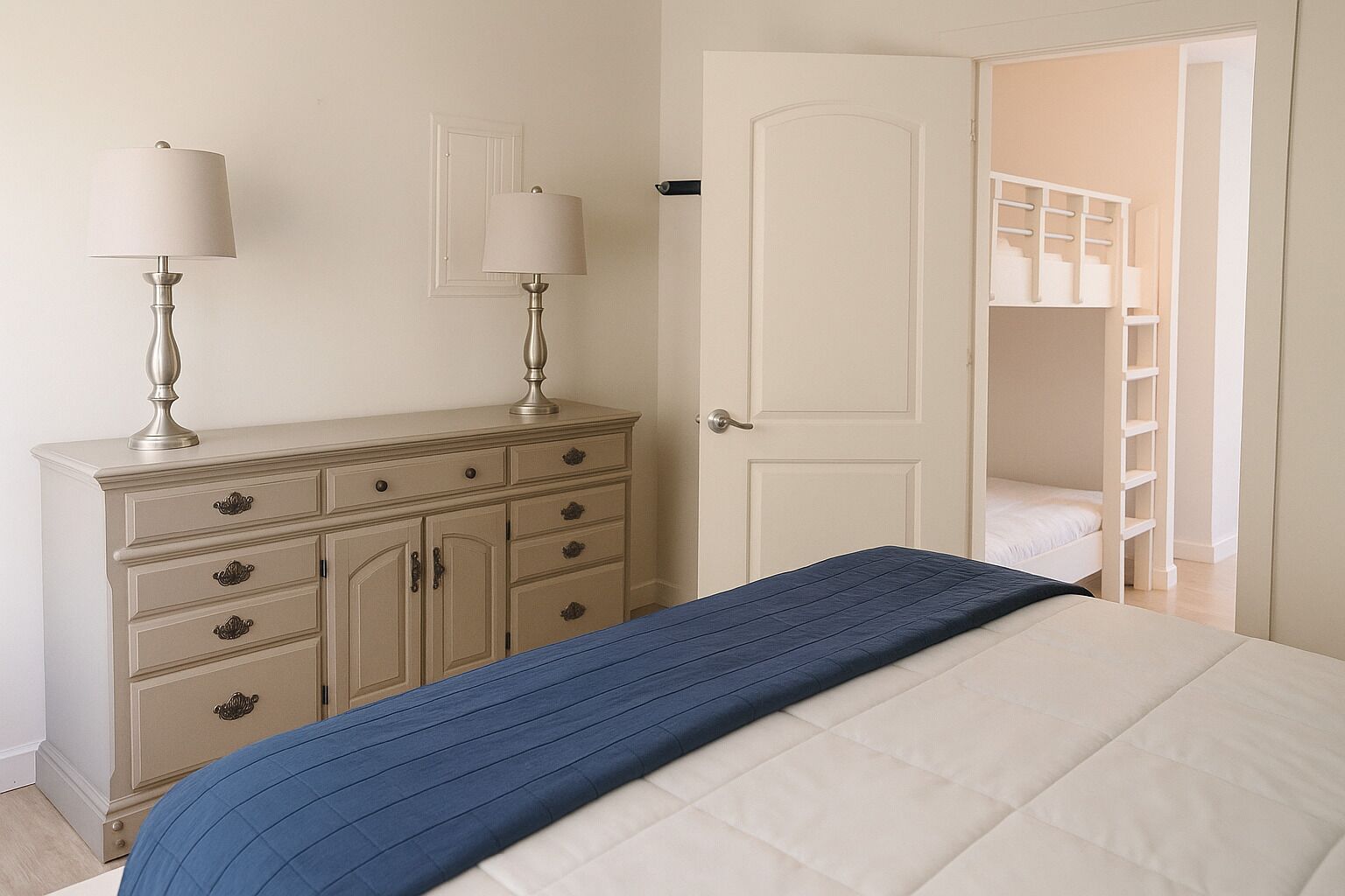 Un dormitorio con cama, cómoda, dos lámparas y una puerta que da a un altillo.