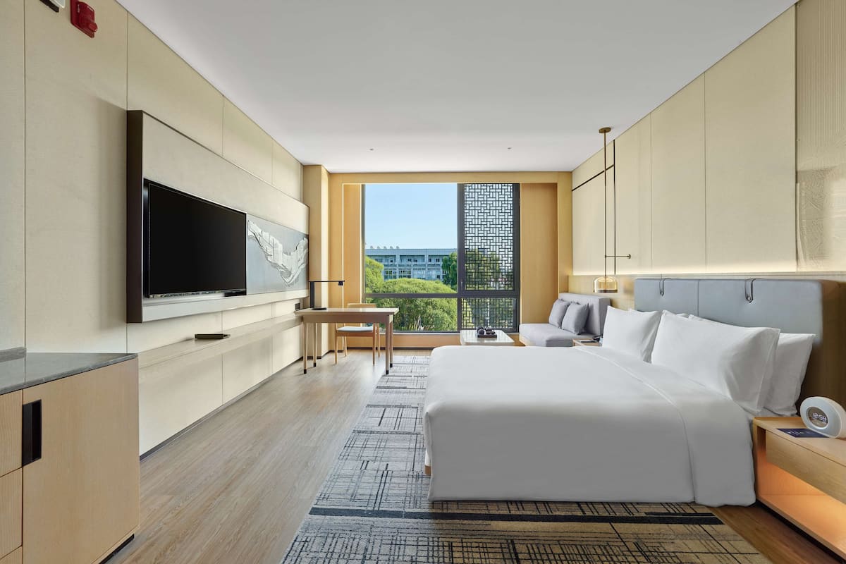 A modern hotel room with a large bed, a flat-screen TV mounted on the wall, a small table, and a view of greenery outside.