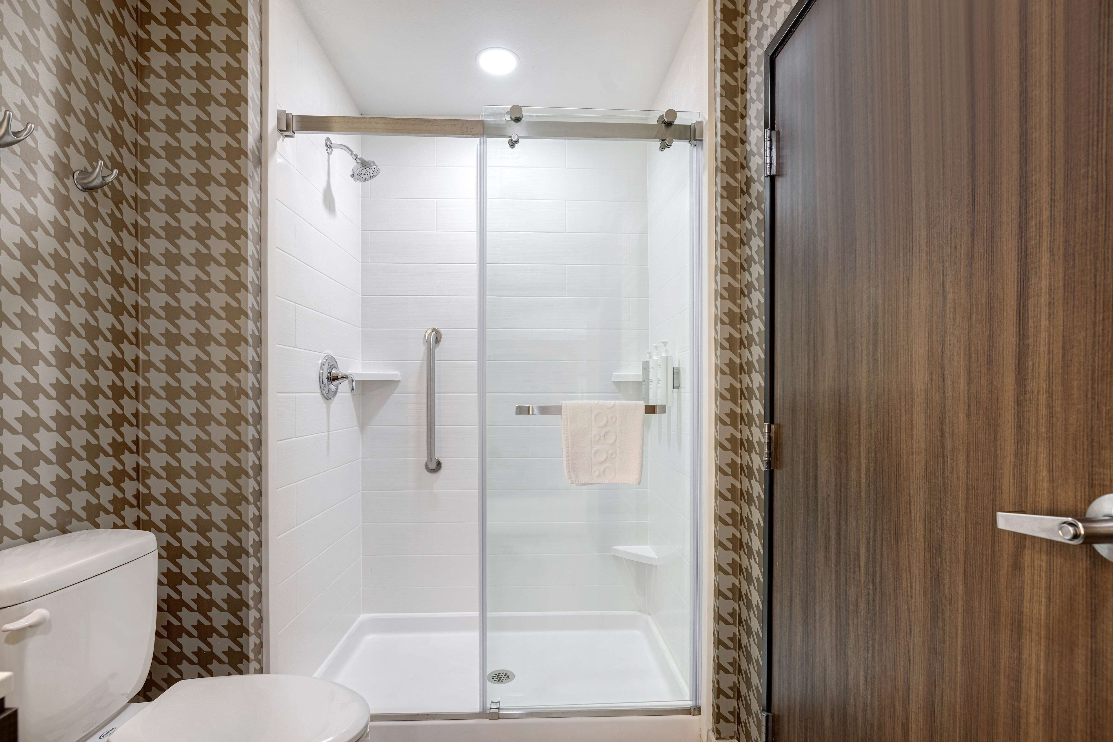 Un baño con cabina de ducha de vidrio, inodoro y puerta de madera.