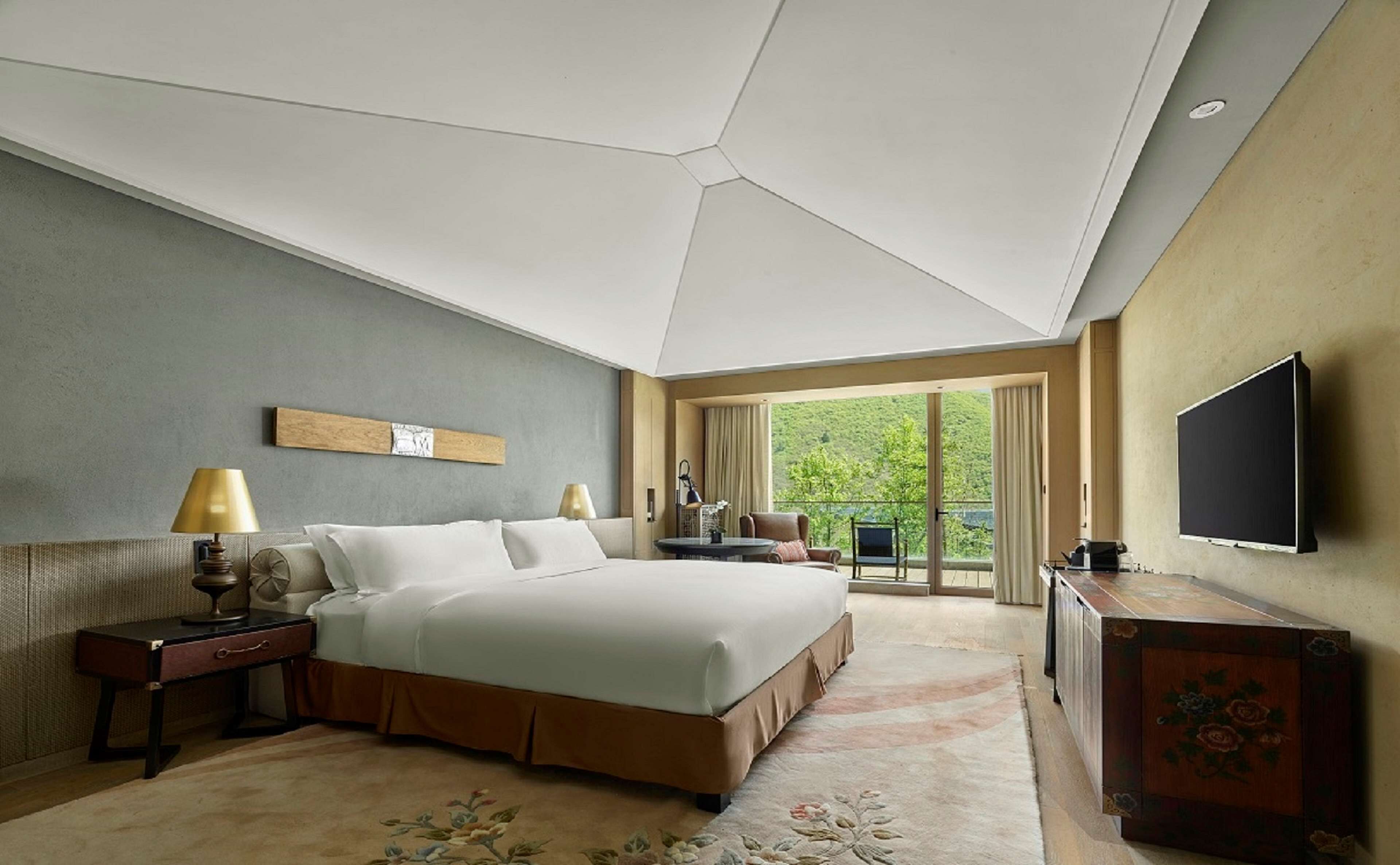 A hotel room with a large bed, a desk, a chair, a TV, and a view of greenery outside.