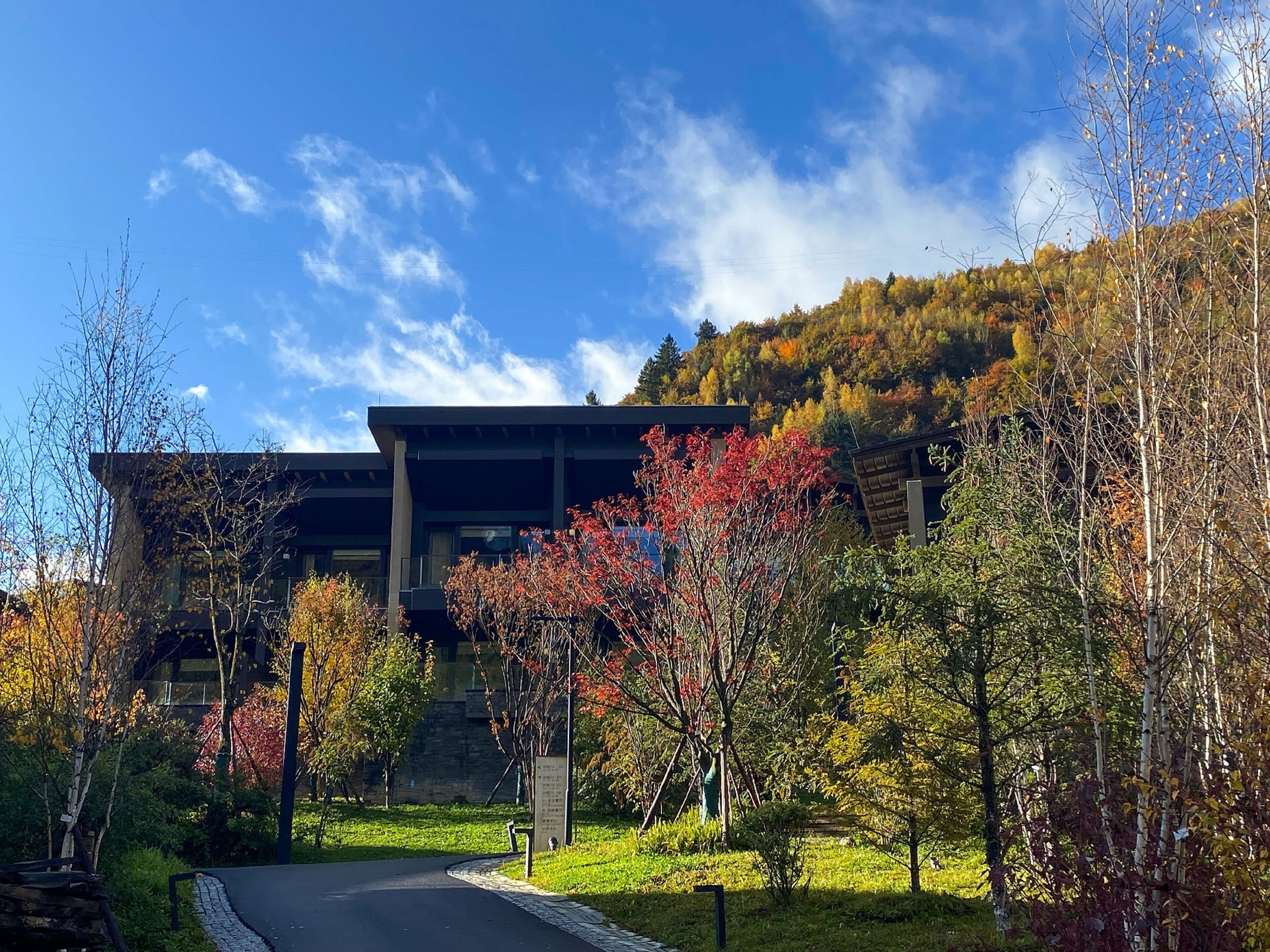 Un edifici modern amb façana de pedra, envoltat d'un jardí ben cuidat amb fullatge d'octubre.