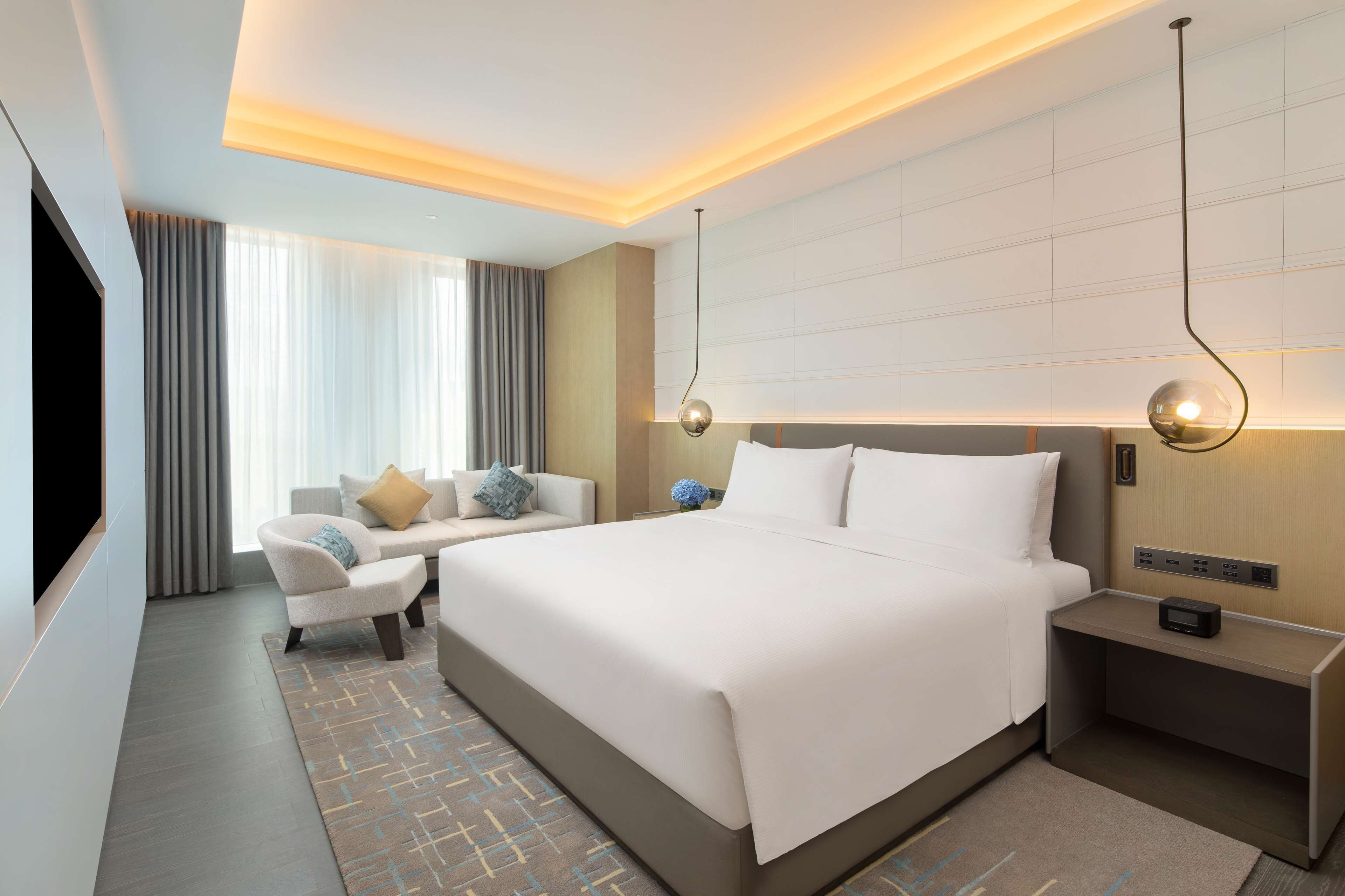 Une chambre d’hôtel moderne dotée d’un grand lit, d’un coin salon avec un canapé et un fauteuil, d’une télévision à écran plat et d’une table de chevet avec une lampe.