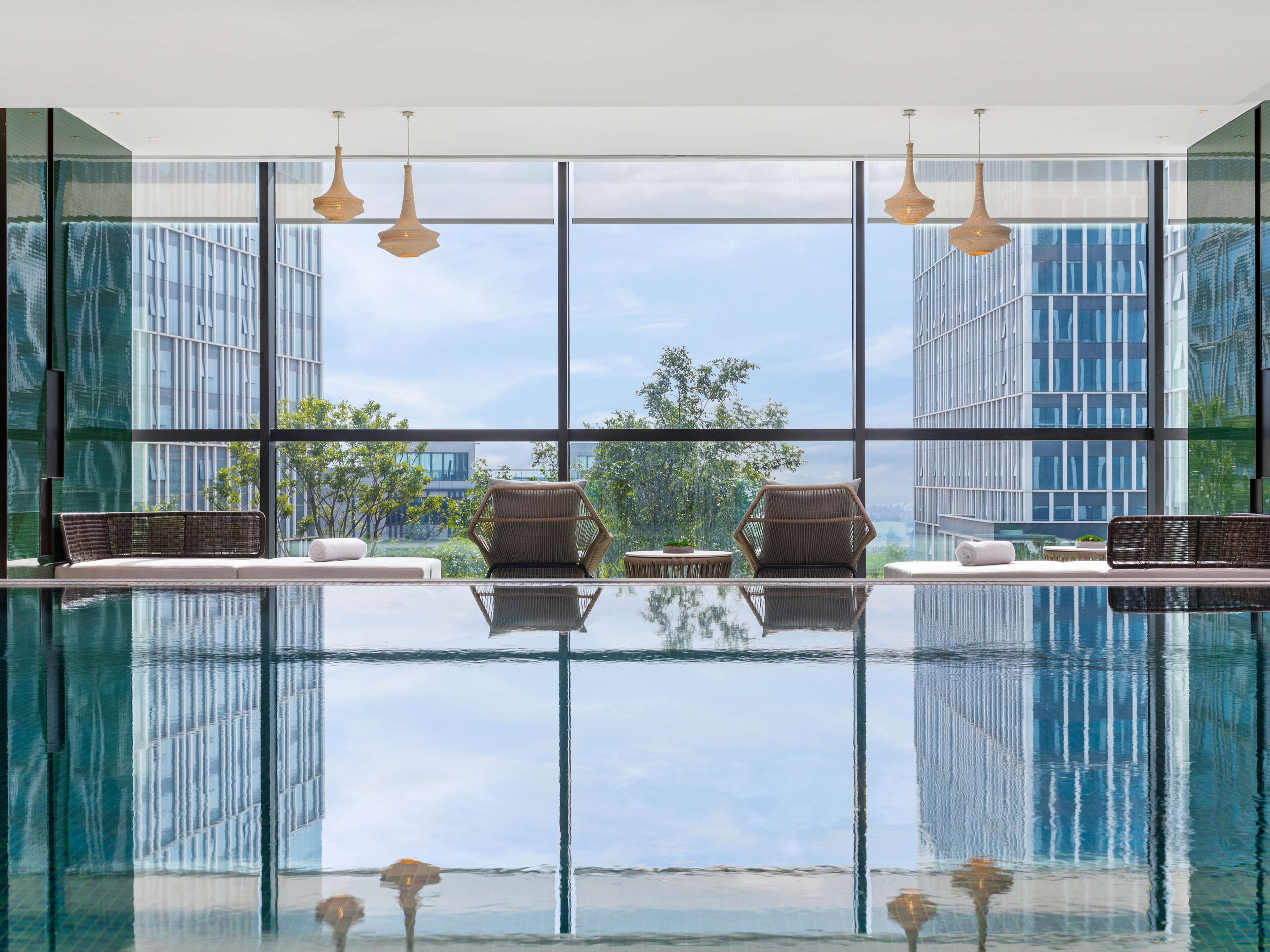 indoor pool, pool loungers