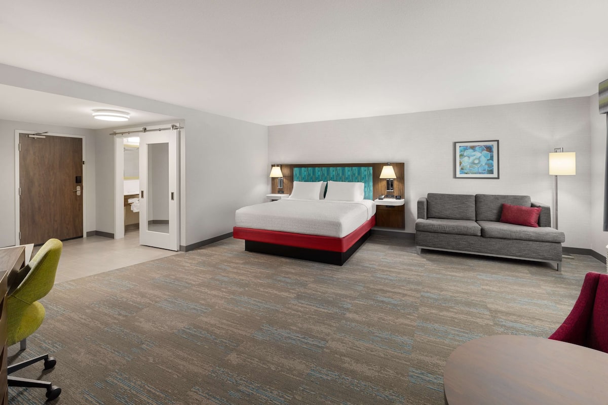 A hotel room with a bed, a sofa, a desk, and a chair.