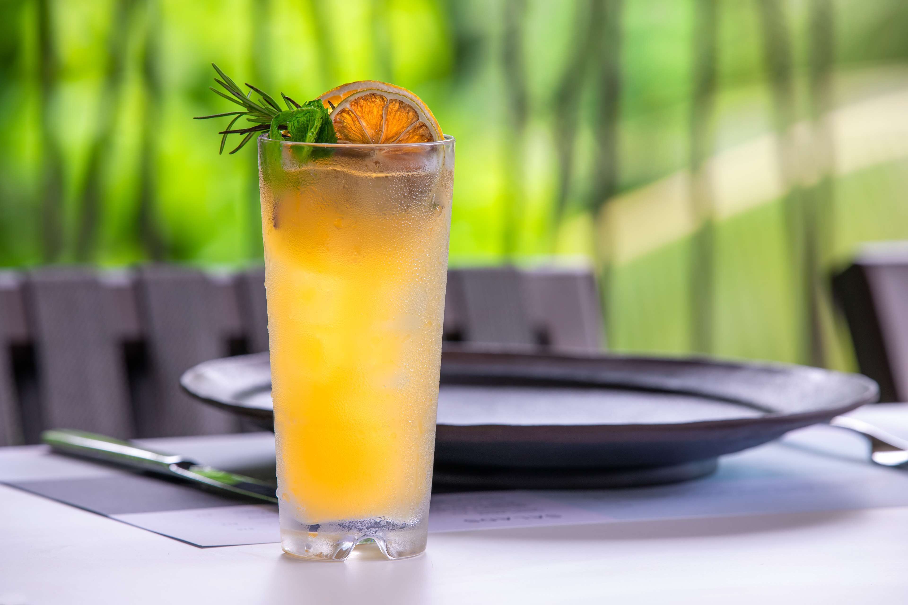 Un vaso alto con una bebida amarilla, adornado con una ramita de romero y una rodaja de naranja, sobre una mesa con un plato y un bolígrafo.