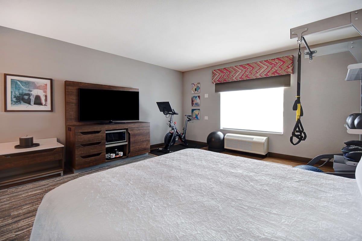 A hotel room with a large bed, a TV, a desk, a bike, and a window with a view.