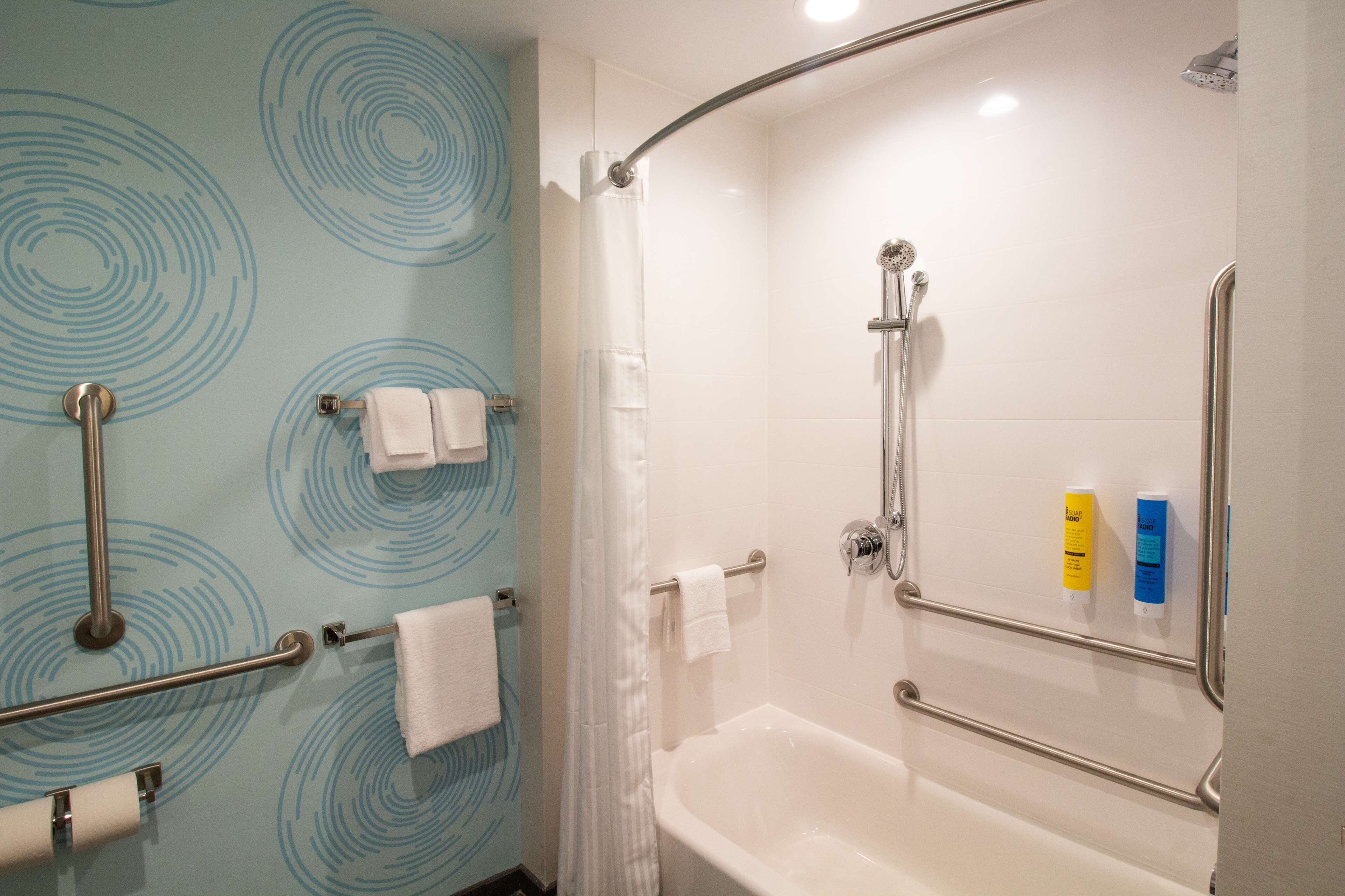 hair dryer, towels, soap, shampoo