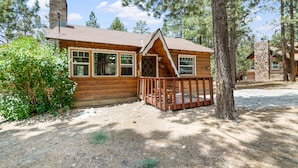 A wooden cabin with a porch, surrounded by trees. - Finch Nest - Fireplace, Deck, Walk to Lake & Village (Big Bear Lake)