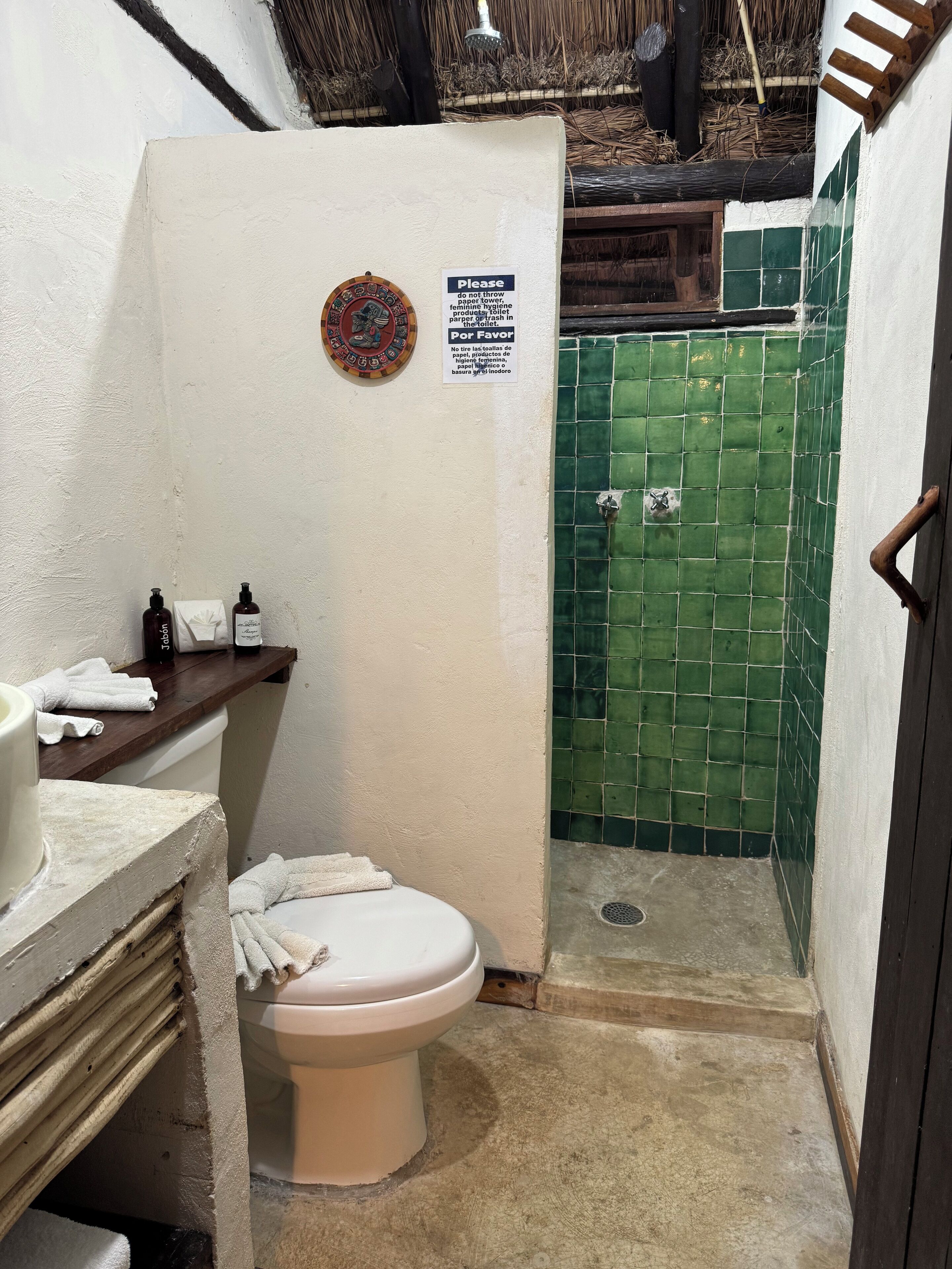 A small bathroom with a toilet, a sink, and a shower area.