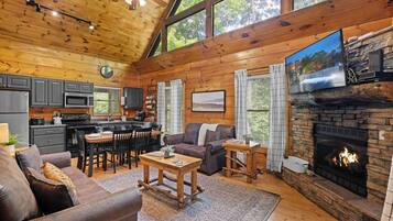 Smart TV, fireplace, DVD player, foosball