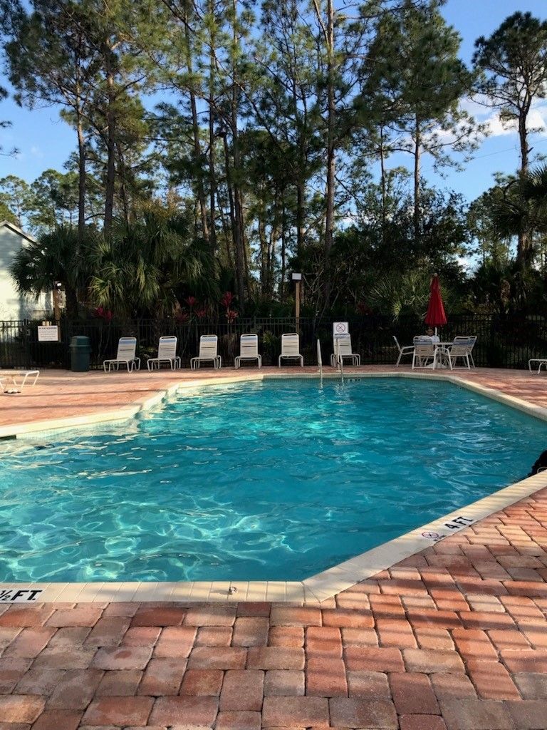 Une piscine rectangulaire à l’eau d’un bleu limpide, entourée d’une terrasse en briques.