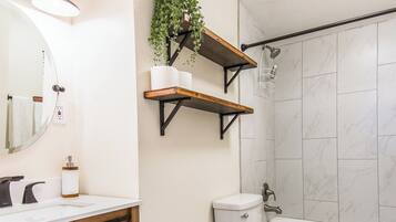 Combined shower/bathtub, hair dryer