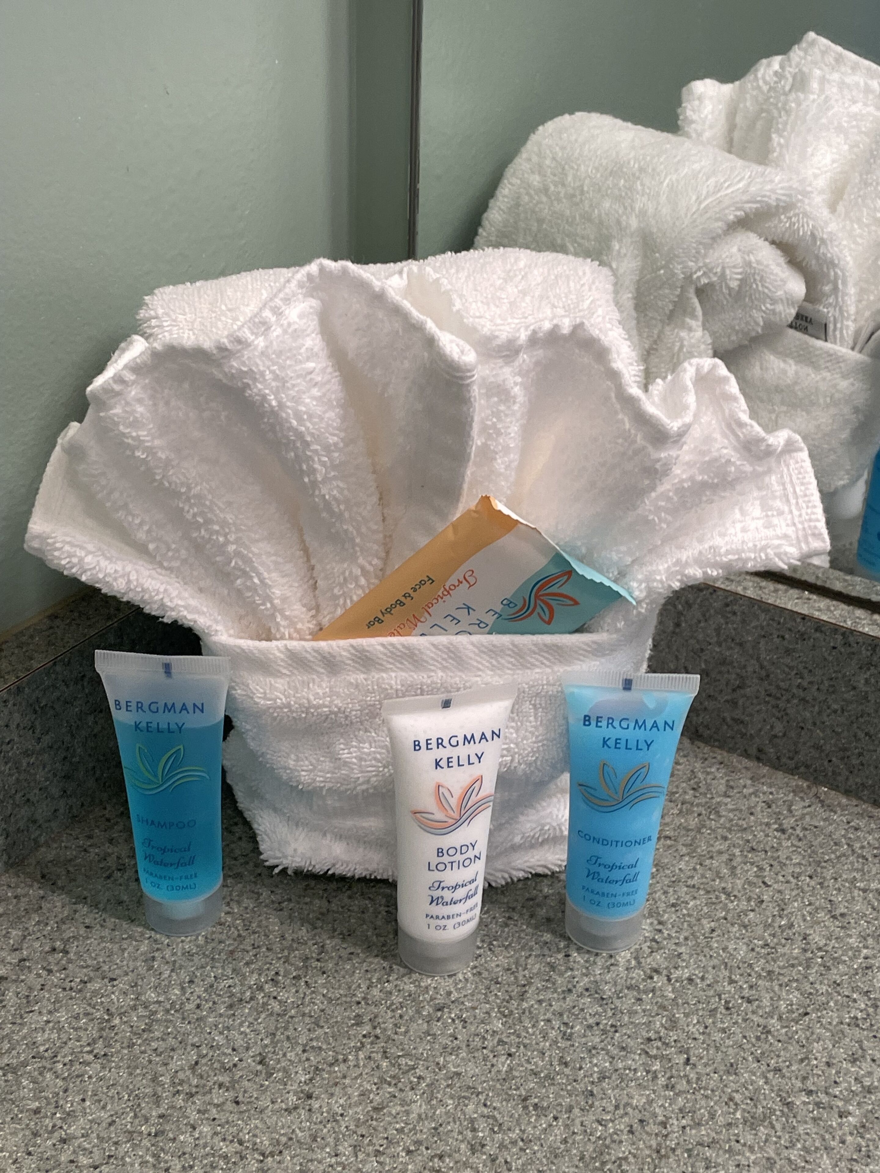 Combined shower/bathtub, hair dryer, towels, soap